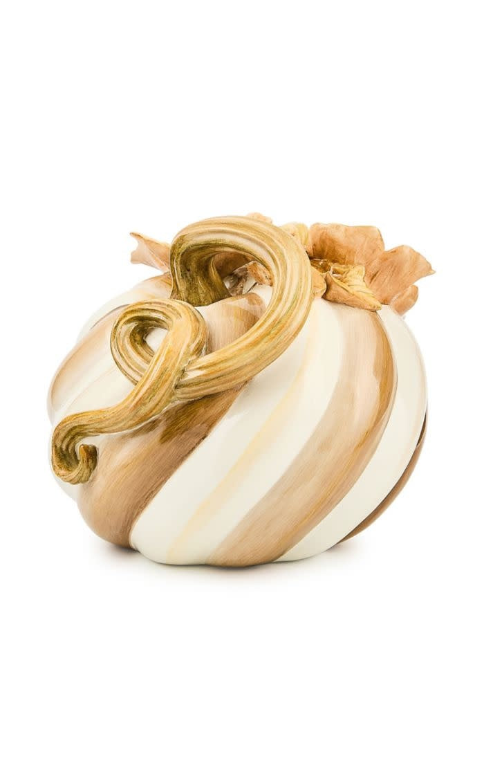 Resin pumpkin with mocha swirl finish, twisted stem, measuring nine inches wide and eight point five tall.