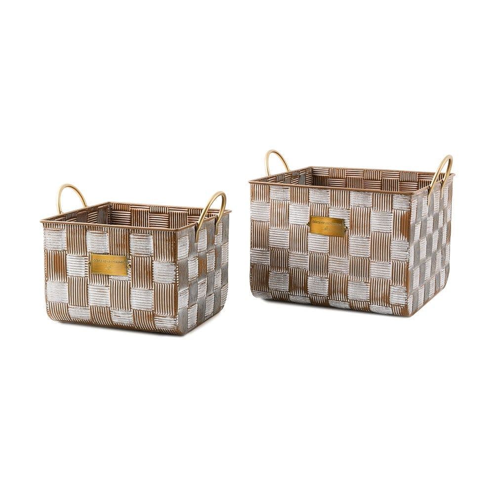 Mocha textured check galvanized metal basket with brass logo plate