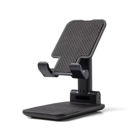 Black foldable phone stand with adjustable feet and non-slip backing