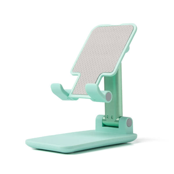 Black folding phone stand with adjustable podium base and non-slip feet