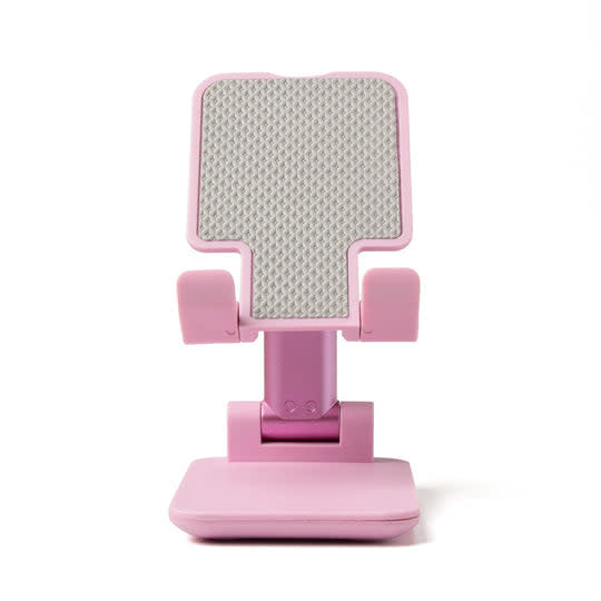 Black folding tech stand with adjustable podium base and grippy feet holding a smartphone.