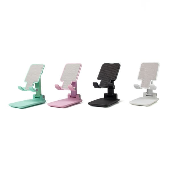 Black foldable phone stand with adjustable podium base and non-slip feet