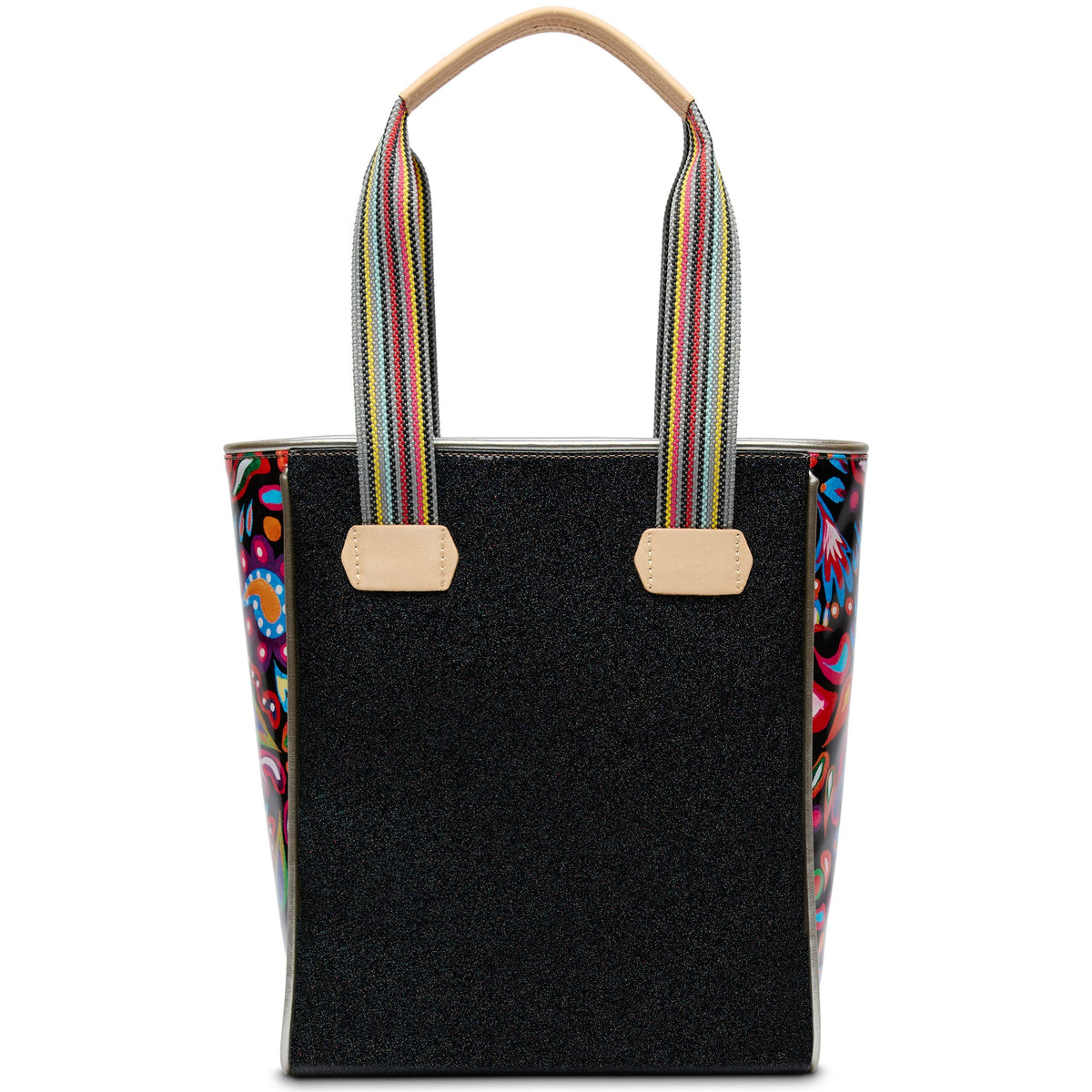 Black glitter Mariana Chica tote with ivory interior pockets and natural leather trim