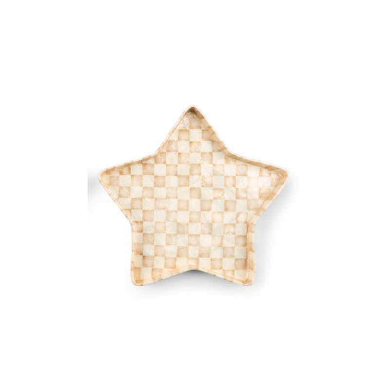 Star-shaped capiz tray with a mocha and white checkered pattern.