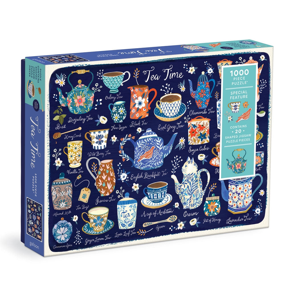 Tea Time puzzle box showing a colorful tea party scene with shaped pieces.