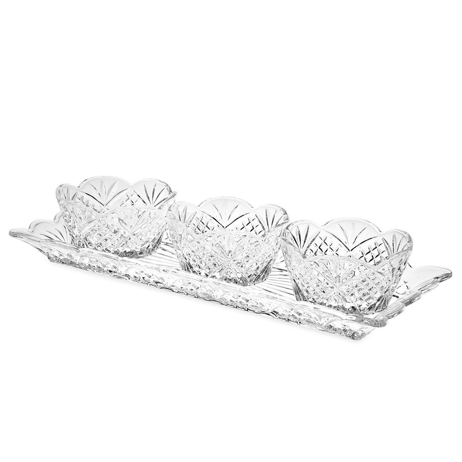 Clear crystal Dublin relish server set with scalloped edges