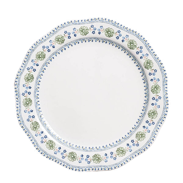 Villa Seville Dinner Plate in Chambray with scalloped edges and blue and green floral patterns.
