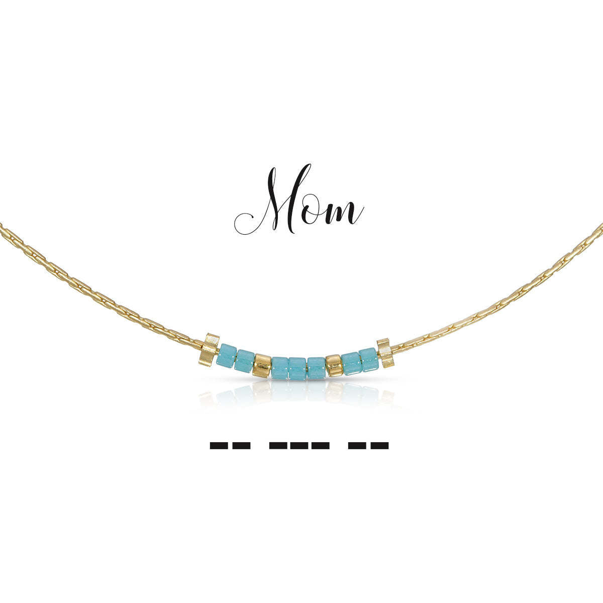 Silver-tone necklace with a pendant displaying Morse code text spelling 'Mom' on a chain.