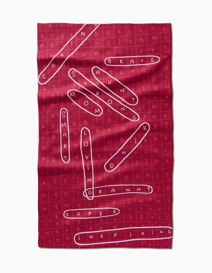 Recycled polyester waffle weave kitchen tea towel with single-sided print featuring a mother's day design.