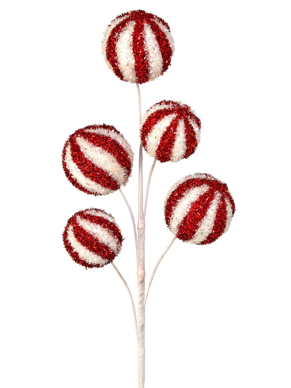28-inch decorative spray featuring five red and white striped, glittery candy ball ornaments.