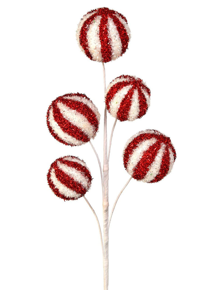 28-inch decorative spray featuring five red and white striped, glittery candy ball ornaments.