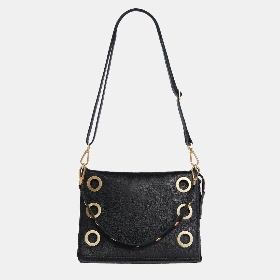 Black brushed gold Montana Clutch Large with vintage Hammitt strap, riveted hardware, and magnetic closure.