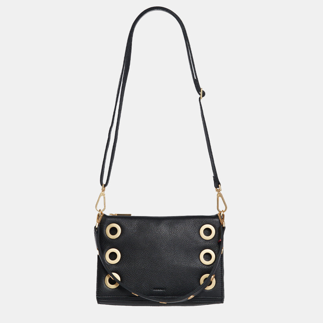 Black brushed gold Montana clutch with vintage Hammitt strap, magnetic closure, red base reveal, and adjustable crossbody strap.