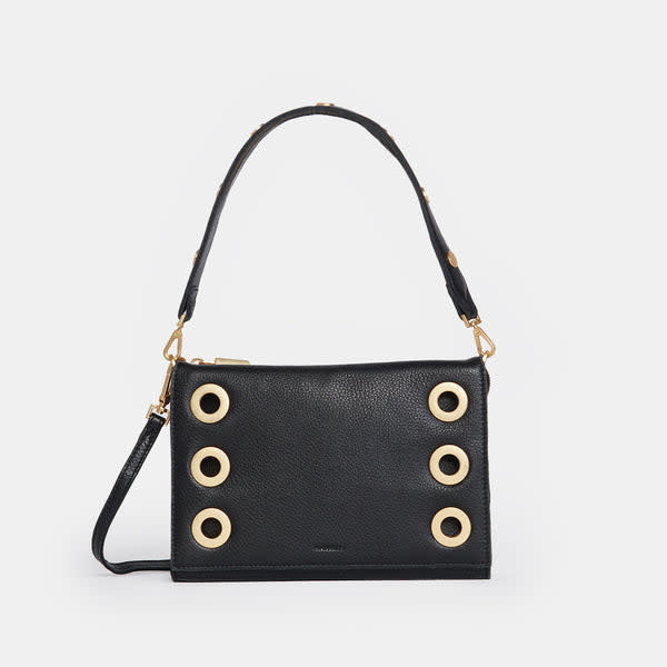 Black brushed gold Montana Revival clutch with magnetic closure, vintage Hammitt strap, and red reveal leather accents.