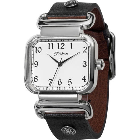 Montecito reversible leather watch with black front face, silver plated finish, and brown reverse band.