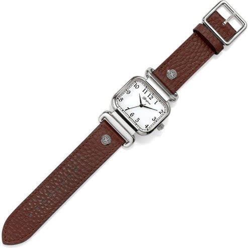 Montecito reversible leather watch with black-to-brown strap, silver-plated buckle, and white face.