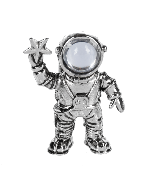 Silver moon man charm with celestial face design on a silver background