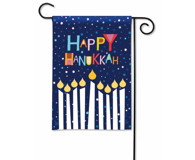 Happy Hanukkah garden flag on Solar Silk fabric featuring a festive holiday pattern.