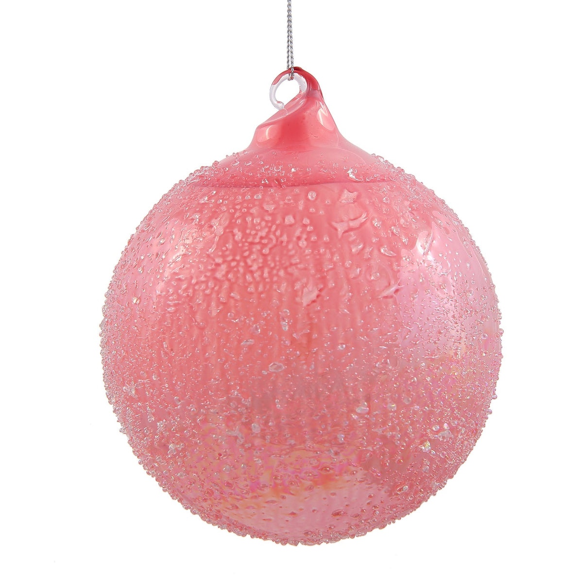 Pink 150mm beaded ball ornament with a textured, water-droplet surface and silver hanging string.