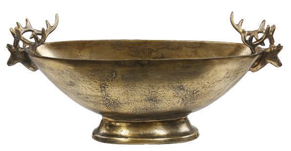 23.5 inch antique gold aluminum bowl featuring two deer head handles on a pedestal base.