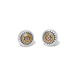 Two-tone silver and gold mosaic post earrings with a radiant center stone.