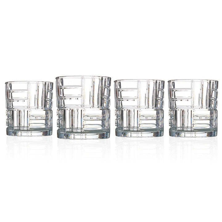 Mosaic double old-fashioned glass with bold geometric tile pattern in white and black.
