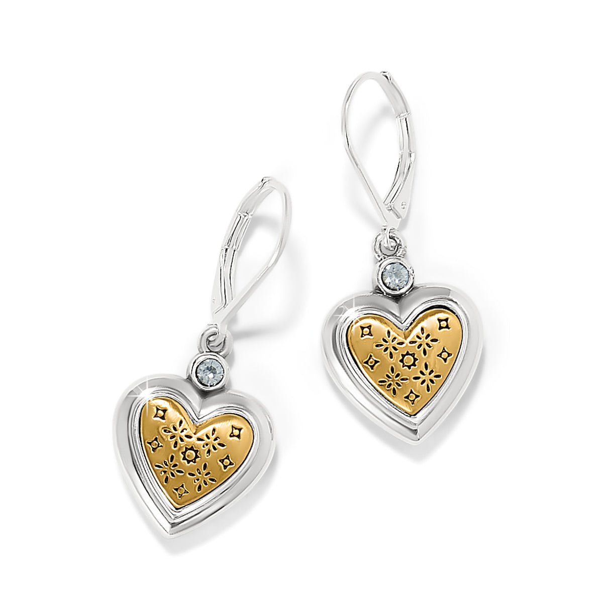 Silver-gold two-tone leverback earrings featuring a mosaic heart shape with southwest-inspired etched crystal details.