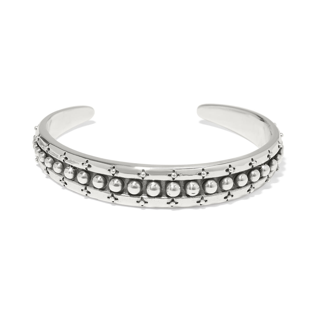 Silver plated mosaic cuff bracelet with a wide band featuring an intricate geometric pattern.