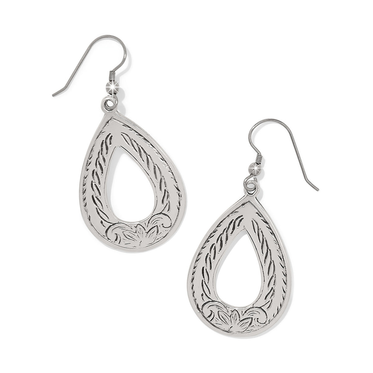 Silver plated French wire earrings featuring an open teardrop mosaic pattern with a one-inch width.