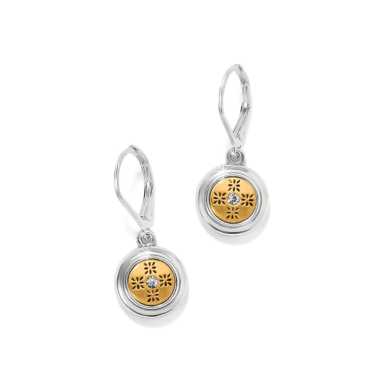 Silver-gold two-tone mosaic round mini leverback earrings with fine crystal finish.