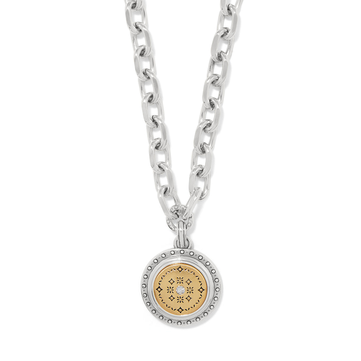 Round two-tone pendant necklace with silver and gold crystal featuring a mosaic pattern.