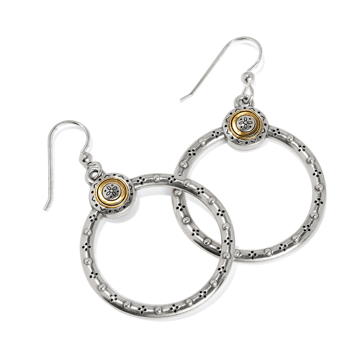 Silver-gold two-tone French wire hoop earrings with etched granulation detail and a small round pendant featuring gold inlay.
