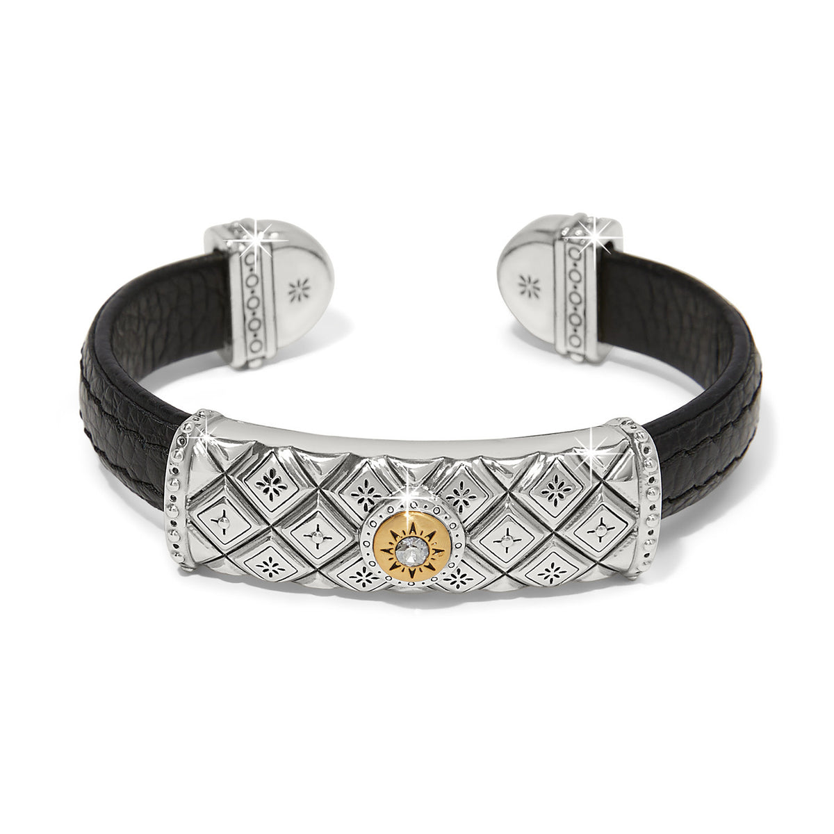 Two-tone black leather bar cuff bracelet with a mosaic texture.
