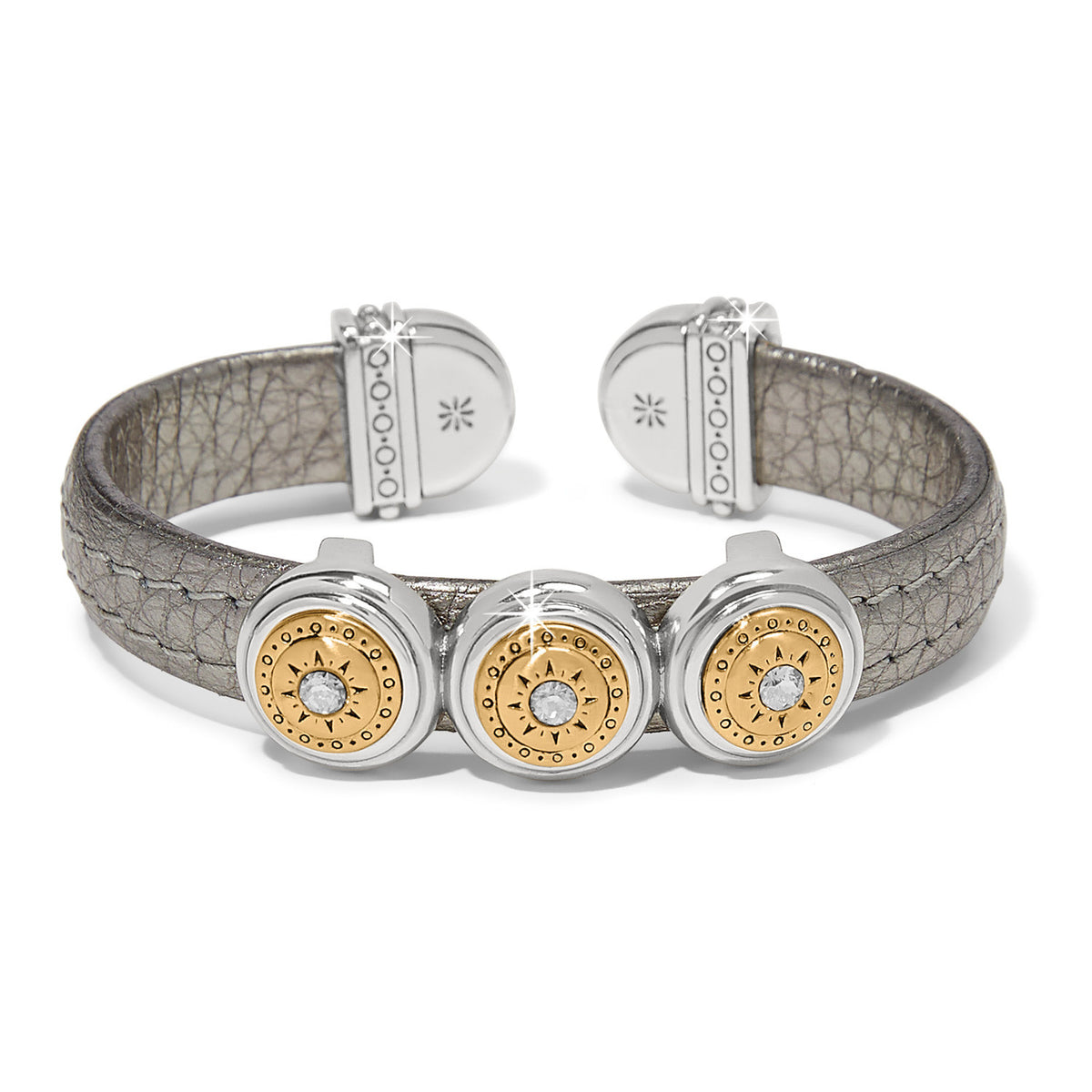 Two-tone leather bar cuff bracelet with a mosaic tile pattern.