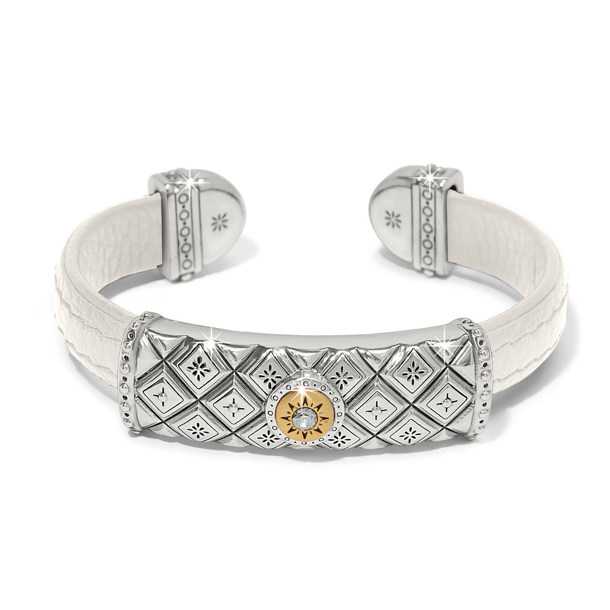 Two-tone leather cuff bracelet with a mosaic bar design