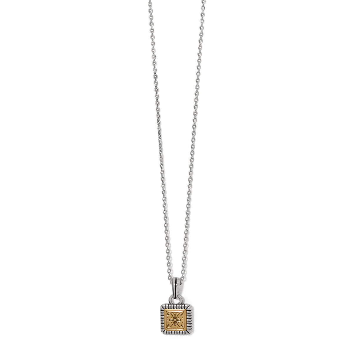 Silver and gold two-tone mosaic mini tile pendant necklace on a silver chain with adjustable lobster claw closure.