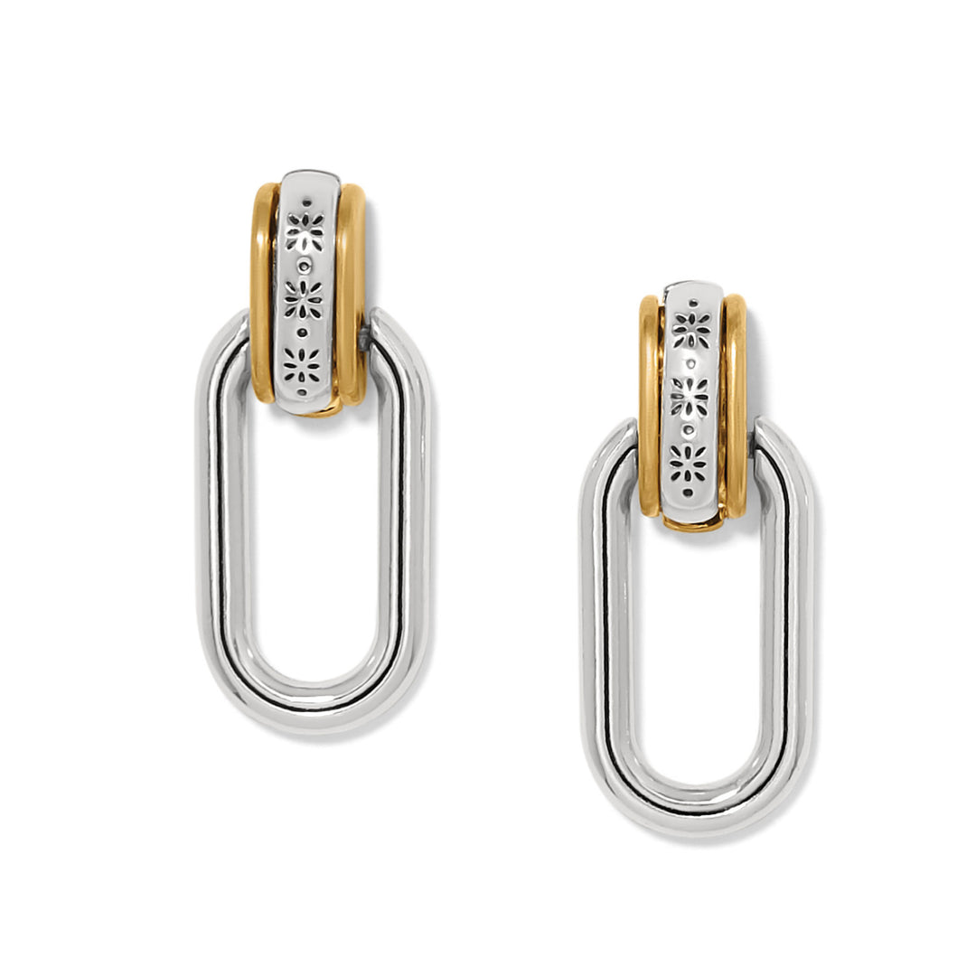 Two-tone drop earrings with brushed gold base and silver inlay featuring etched mosaic designs.