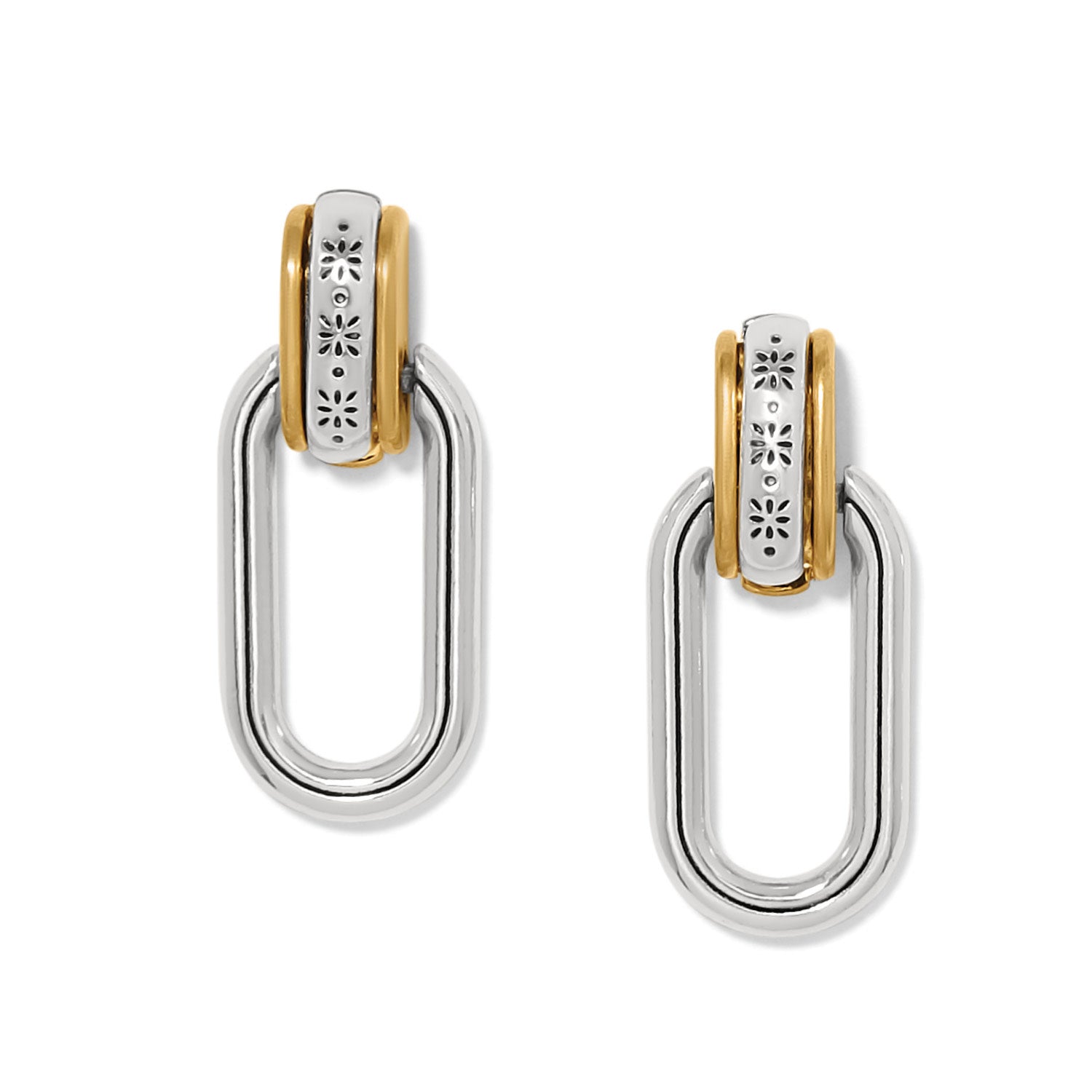 Two-tone drop earrings with brushed gold base and silver inlay featuring etched mosaic designs.