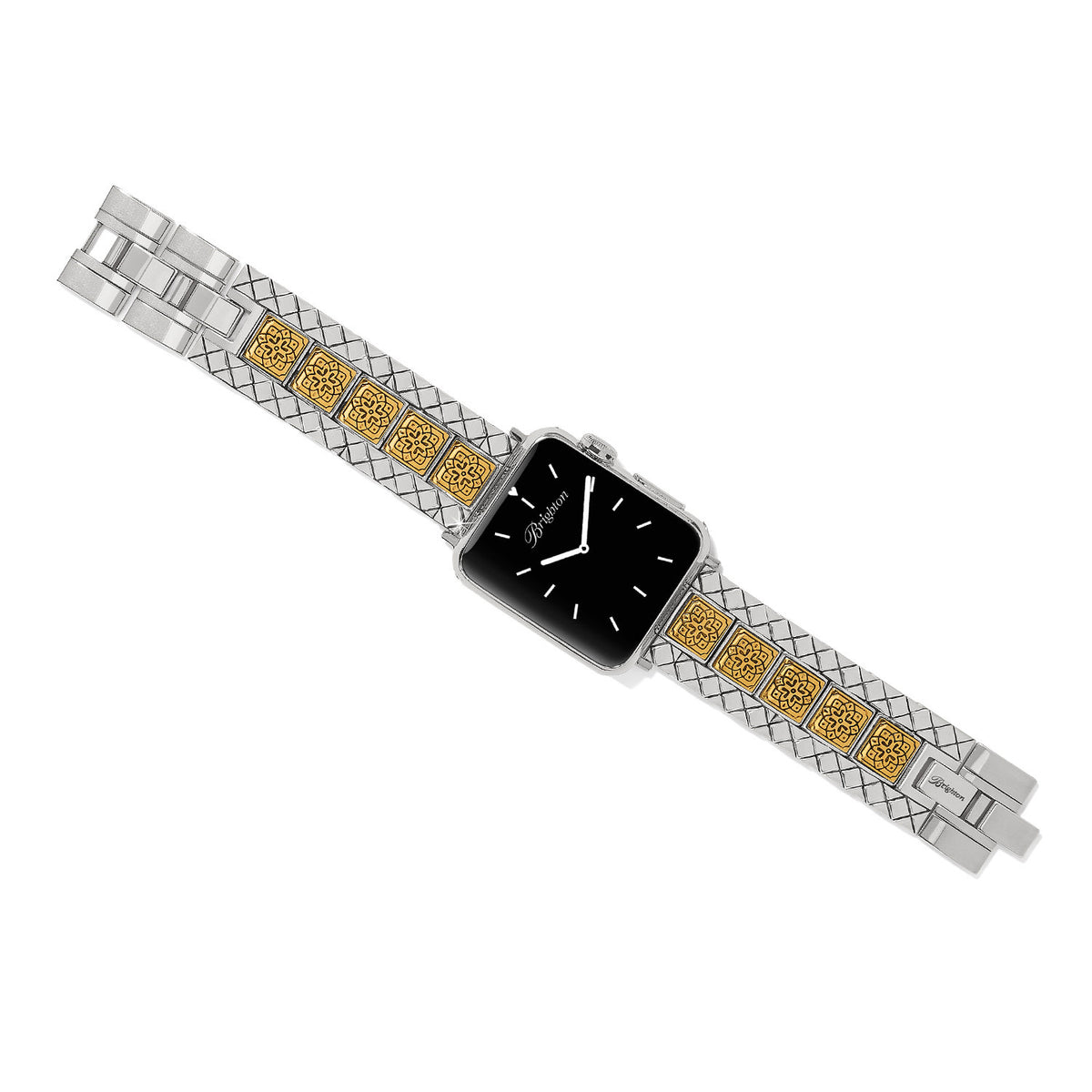 Two-tone silver and gold mosaic watch band with fold-over clasp