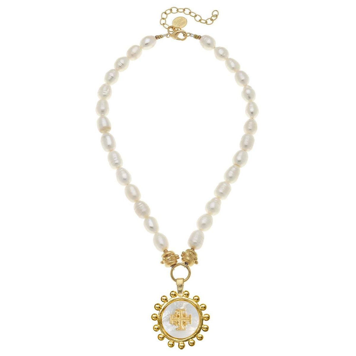 Triple-plated gold freshwater pearl necklace with Mother of Pearl Jerusalem cross pendant