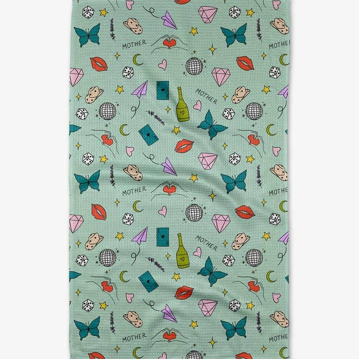 Recycled polyester waffle weave tea towel with single-sided Mother's Day print.