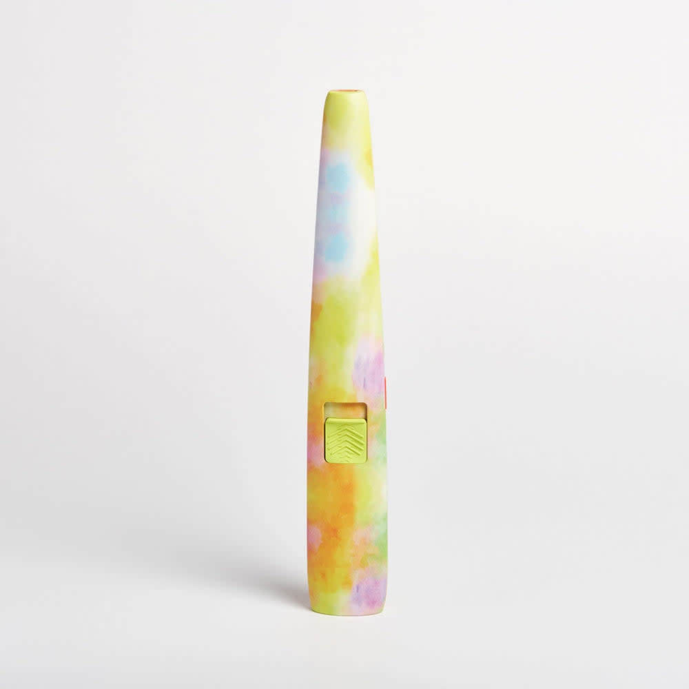 Motli lighter in watercolor blue with a white ABS body featuring an on/off switch and multi-light battery indicator.