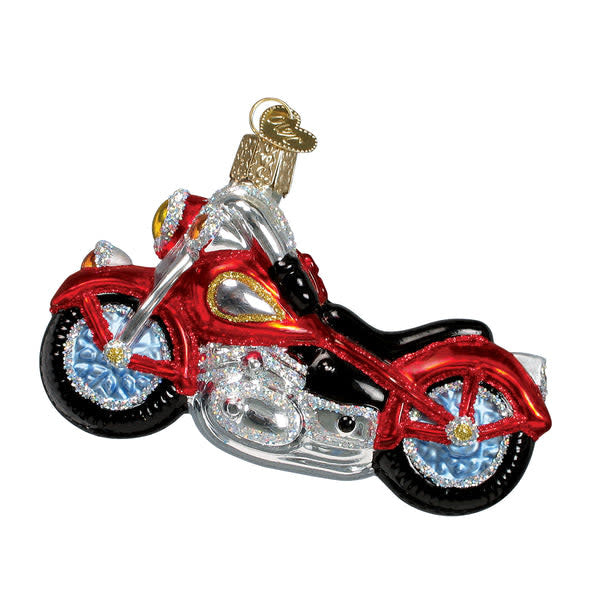 Glass motorcycle ornament with silver interior and colorful lacquer glitters
