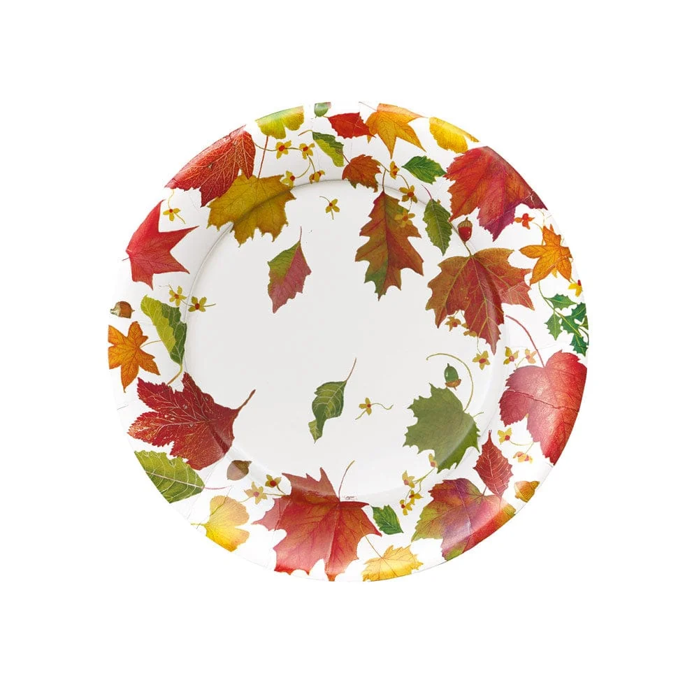 Caspari Swirling Leaves white paper salad and dessert plate with colorful autumn leaf pattern.