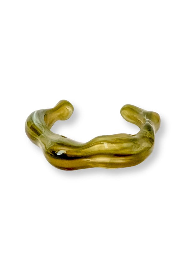 WS Isla Bangle in olive green with a chunky, sculptural wavy design and an open-bottom cuff.