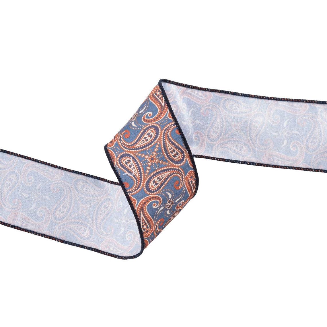 2 1/2 inch wired dupioni ribbon with a blue and orange paisley pattern.