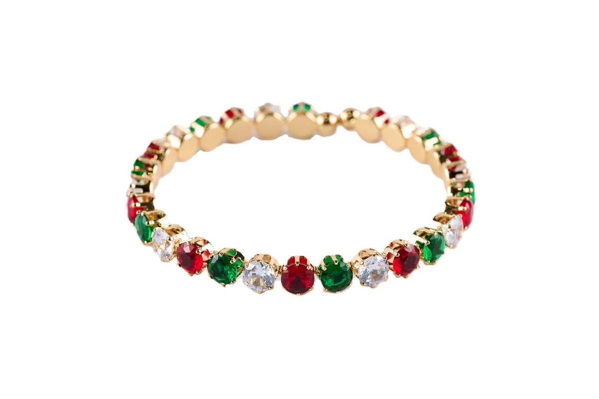 Gold-tone Christmas cuff bracelet featuring alternating red, green, and clear round crystals.