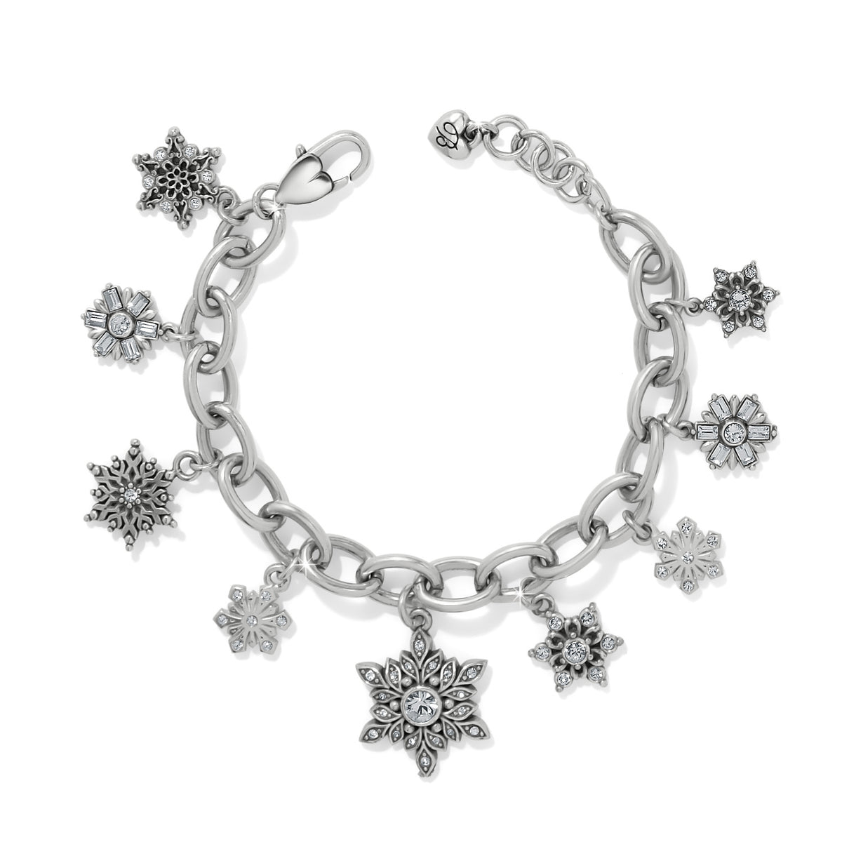 Silver plated adjustable charm bracelet featuring fine quality crystals in a crystal flurry pattern with lobster claw closure.