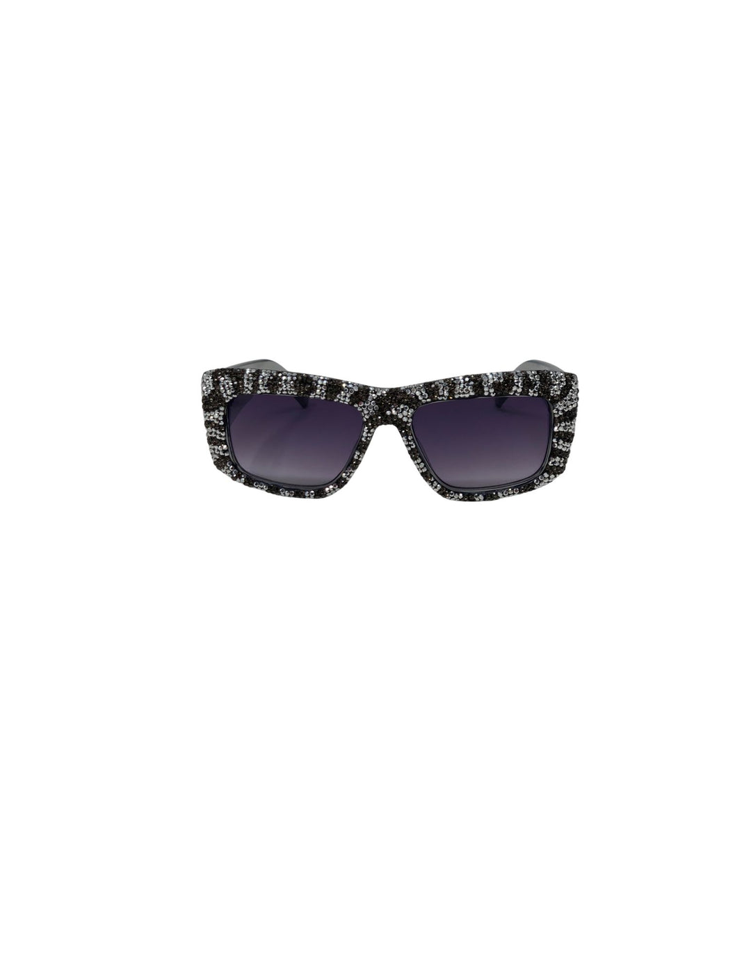 Rectangular rhinestone-encrusted sunglasses with black and silver leopard print pattern.