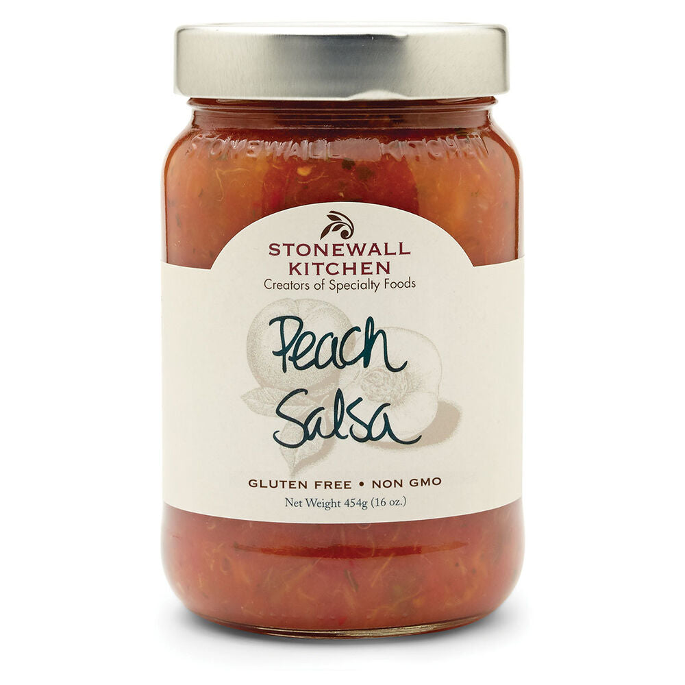 16oz jar of Stonewall Kitchen Peach Salsa, labeled gluten-free and non-GMO.